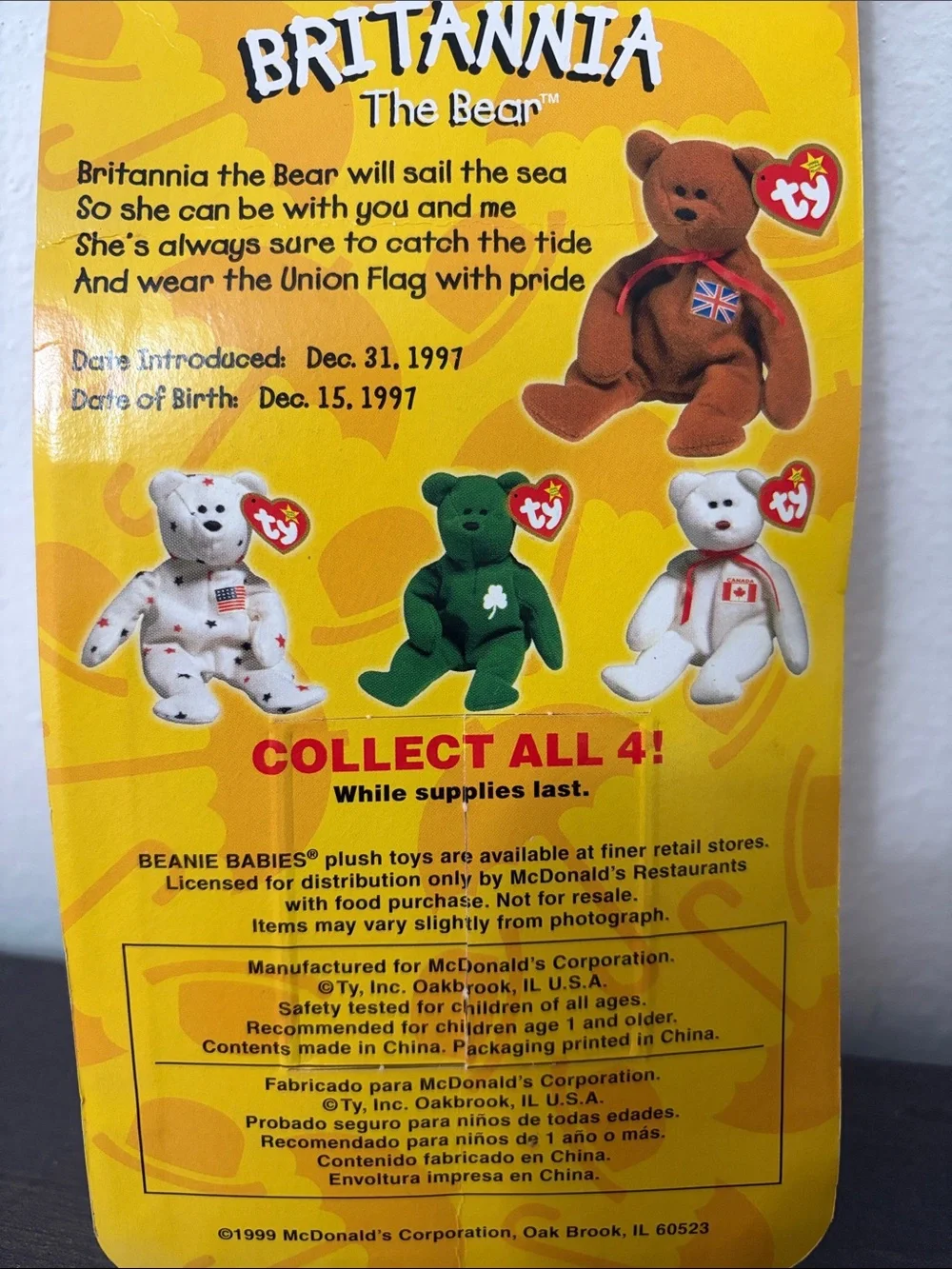 Vintage 1999 McDonald's Ty‎ Britannia the Bear Plush in package SEALED